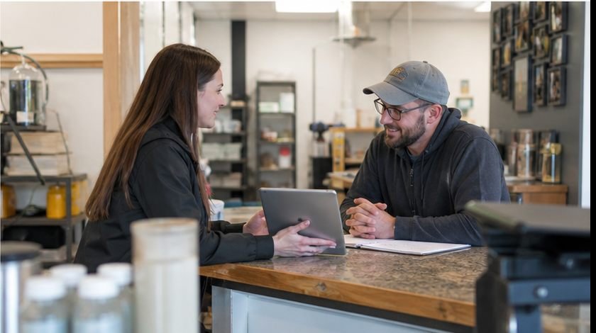 Financial professional providing on-site bookkeeping support to a local Idaho small business owner